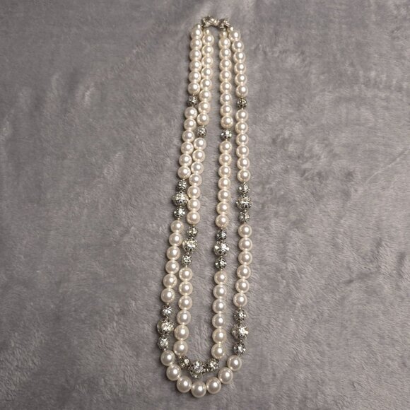 Vintage Faux Pearl Rhinestone Double-Strand Necklace Bow Clasp Imperfect - Picture 1 of 6